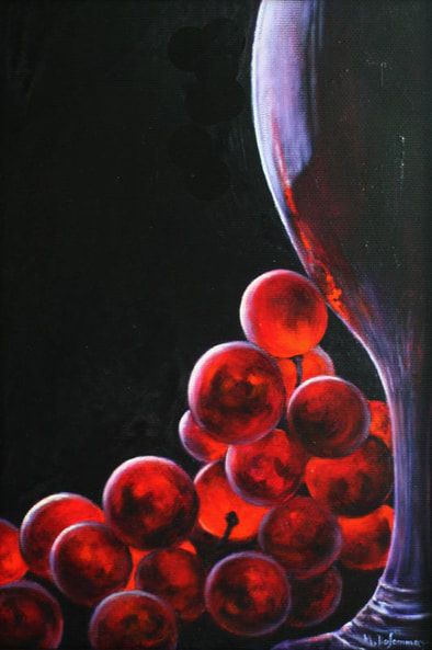 Glass of wine with red grapes glowing - Illuminata - oil painting by Mally DeSomma