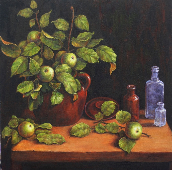 Apple and bottle Still Life by Mally DeSomma
